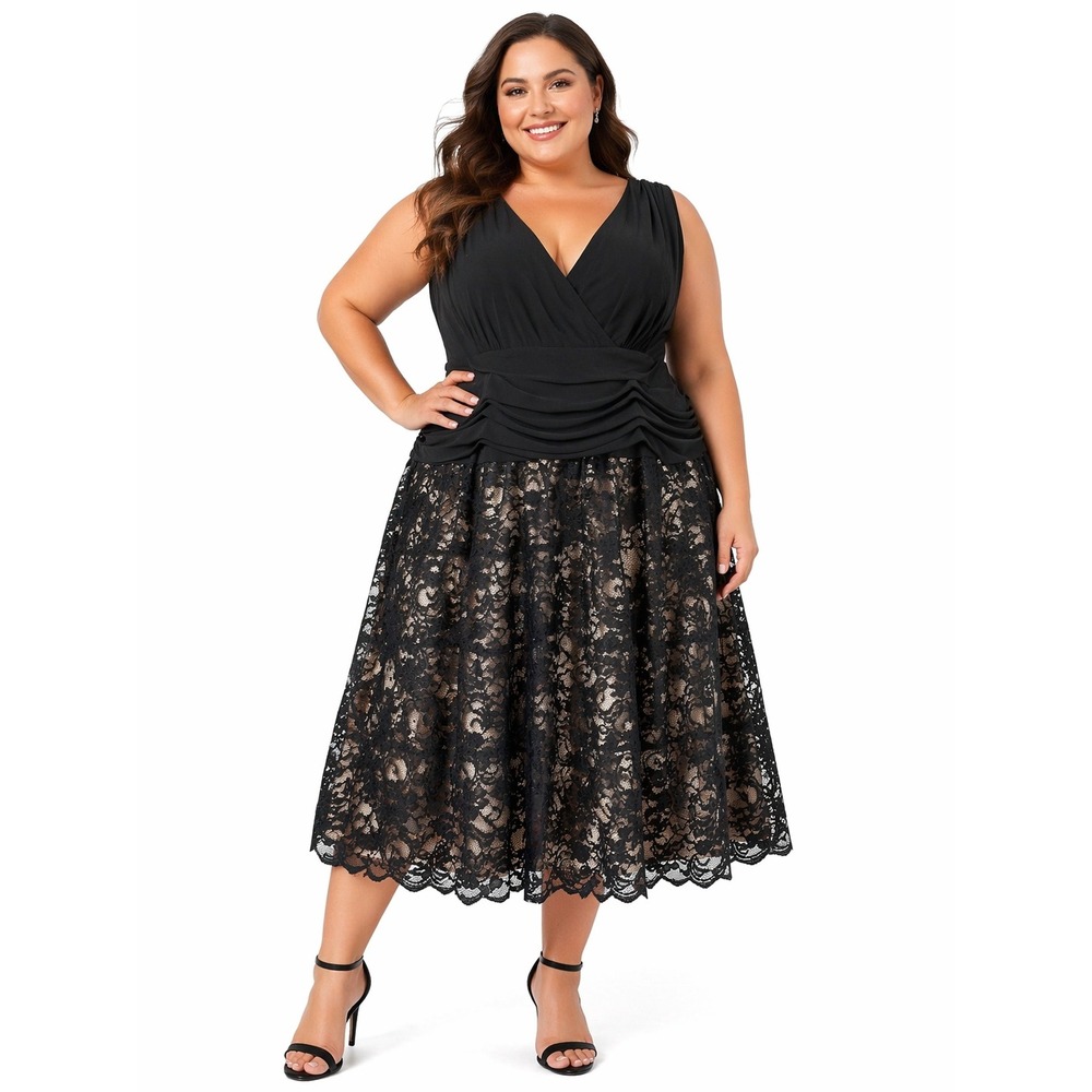 SLNY SL Fashions Black Lace Ruched Dress Cocktail Wedding Guest Plus 22W LBD NEW